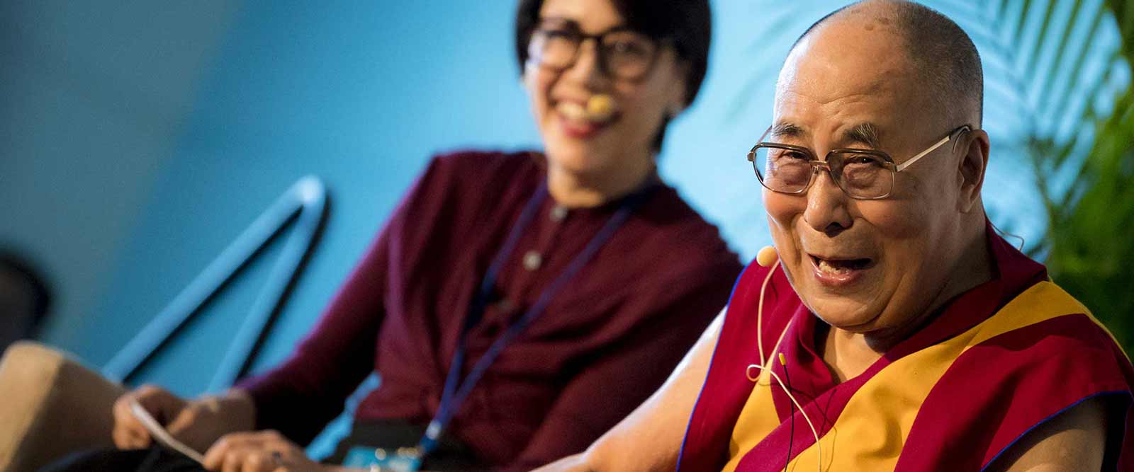 Photo of Dalai Lama speaking about climate ethics at UC San Diego.